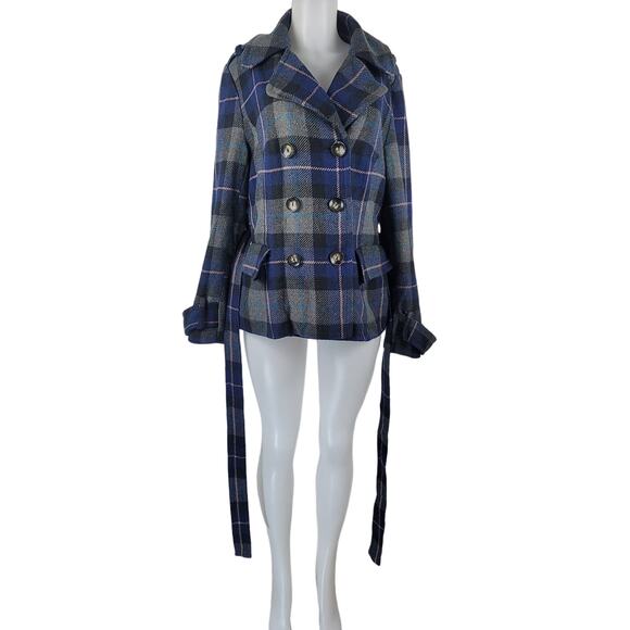 Torrid Vintage Double Breasted Gray/Black/Blue/Yellow Plaid Jacket w Belt 1/1X - Picture 1 of 7